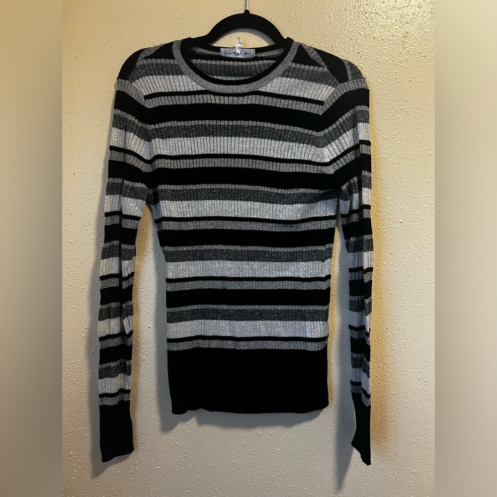 Striped Black & Gray Ribbed Knit Sweater - Women